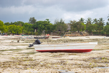 Obraz premium White fishing boat on the beach on tropical background. Sailboats at seaside. Low tide in lagoon. Exotic nature. Nautical vessel on coastline with palm trees. Indian Ocean coast with boats.