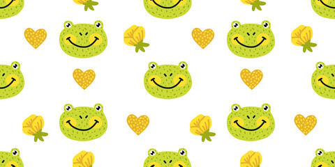 Cute Vector Seamless Pattern with Cartoon Smiling Green Frogs, Rose Flowers and Hearts. Children's print, Frog pattern.