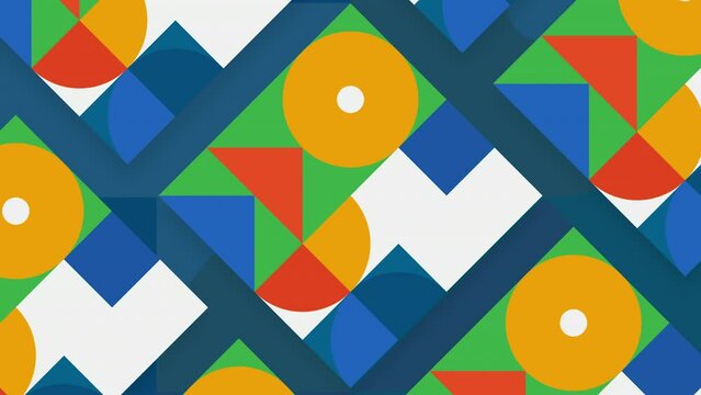 Colorful retro ornament with geometric shapes. Motion. Modernist animation with geometric multicolored figures. Colorful triangles, squares and circles move in abstraction