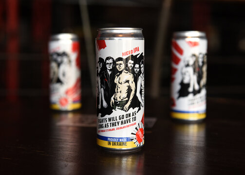 Lviv, Ukraine - March 26, 2022. Localy brewed beer which is called "Fights will go on as long as they have to" featuring president Volodymyr Zelensky an prominent Ukrainians as "Fight Club" Members.