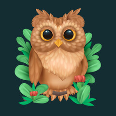 Owl sits on a branch among leaves, a children's vector illustration. Cartoon owl
