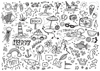 Summer hand drawn vector doodles, illustration on white paper