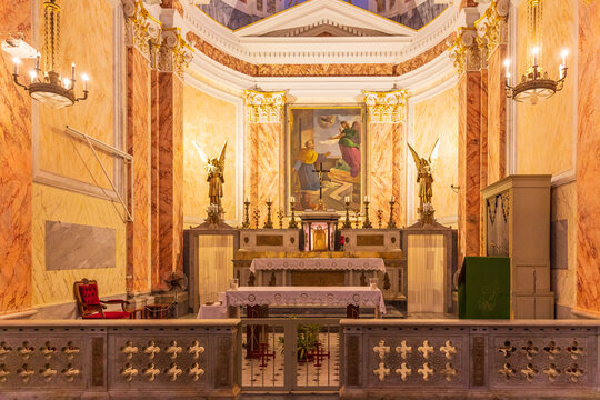 Jaffa, Israel - Sep 21, 2019:  Altar in the St. Peter's Cathedral
