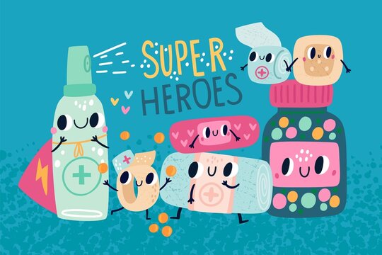 Cartoon pills characters. Funny medicines group with cute faces, hands and legs. Health care and diseases treatment concept. Sanitizer spray. Medical bandages. Tablets bottle. Vector poster