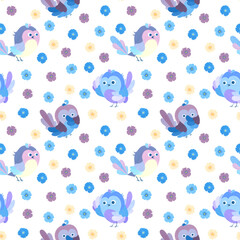 Cute lilac birds in a naive style. Small blue, lilac and beige flowers. Watercolor seamless pattern.
