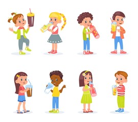 Children drink. Little girls and boys with different beverages. Kids drinking water, juice and milk. Bottles and glasses. Babies quench thirst. Soda and lemonade. Vector teenagers set