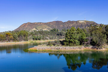 Morning view of Hollywood reservoir with Hollywood sign