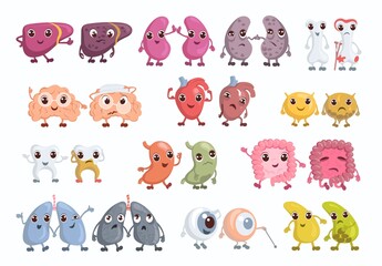 Cute anatomical organs. Healthy or unhealthy body parts. Livers and eyes. Lungs with funny faces. Bones or teeth. Damaged and whole. Kids medical education. Vector cartoon characters set