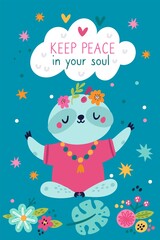 Cute sloth poster. Slow animal sits in meditation asana. Calm being meditates. Exotic wildlife. Relaxing and rest. Humor banner with happy yoga. Tropical mammal and leaves. Vector concept