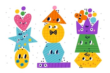 Naklejka premium Geometric shapes faces. Colorful figures pyramids. Kids educational geometry games. Comic primitive characters set. Funny cartoons. Cute polygons and circles. Vector toys compositions