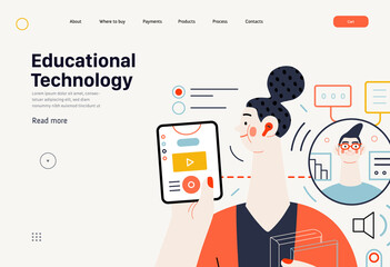 Technology Memphis - educational technology -modern flat vector concept digital illustration of distant education via application, student and tutor video chat. Creative landing web page template