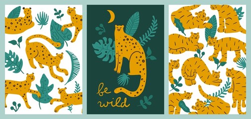 Leopards and tigers cards. Cute animals, primitive doodle style, exotic wildlife, tropical plants, trendy jaguars and cheetahs. Wild cats patterns and posters vector set
