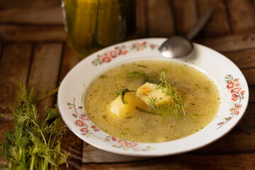 traditional cucumber soup with potatoes and dill starter ukrainian and polish soup homemade dinner sour cucumber ogórki kiszone