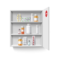 Realistic medicine cabinet. 3D home first aid kit. Shelves with drugs bottles and blisters with pills. Ampoules and jars for remedies. Pharmacy storage. Box hanging on wall. Vector concept