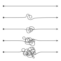 Simple and difficult way arrows. Hard start. Gradual situation unraveling. Path trajectory. Initial and final points. Straight or tangled lines. Untangled threads. Vector routes set © VectorBum