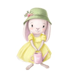 cute little hare with water can, watercolor style illustration, summer clipart with cartoon character
