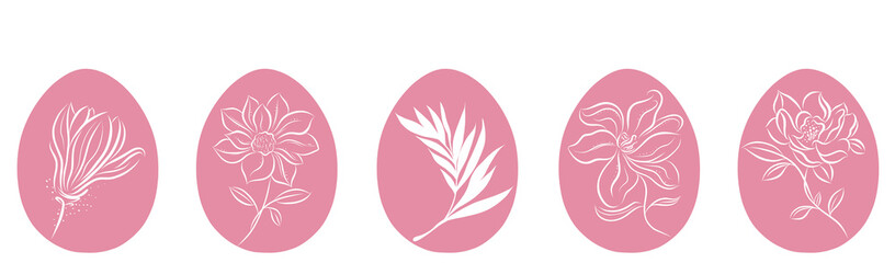 Easter eggs with floral pattern pink set silhouettes vector illustration, flat design