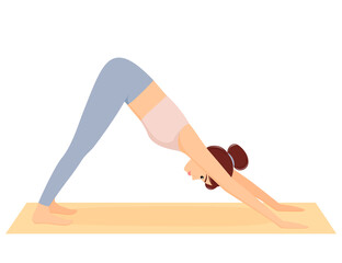 Woman in dog pose. Girl doing fitness and yoga exercises on mat. Workout, vector illustration
