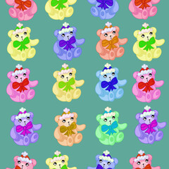 Cute colorful teddy bears seamless pattern. Cozy vector hand drawn texture. Festive background for web pages, invitations, postcards and save the date cards. Vector illustration.