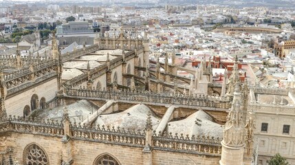 Fototapeta premium la ville de Séville vue depuis les hauteurs de la cathédrale avec ses toits, ses rues et ses églises