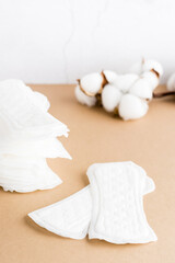 Fototapeta na wymiar Clean disposable sanitary pads and a branch of cotton on a beige background. Women's health and comfort concept