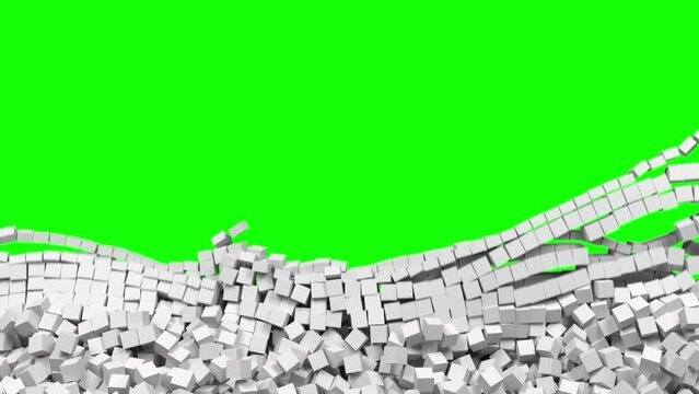 White cubes fall out of screen. The wall of blocks break down, green chroma key reveals. Abstract 3D animated intro. Alpha channel, transparent background ProRes 4444 in 4k UHD.
