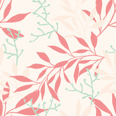 Branches and leaves repeat pattern design. Hand-drawn background. Botanical pattern for wrapping paper or fabric.