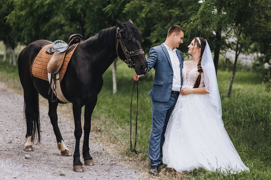 A young groom in a suit and a beautiful bride in a white long dress hug in a village outdoors, walking with a black horse along a country road. Wedding photography, portrait.