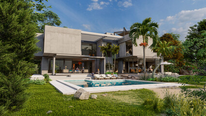 Luxurious brutalist home with pool and tropical garden
