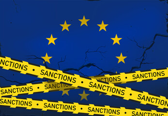 The crack on the flag of the European Union and the ribbons are yellow with the inscription "Sanctions". Crisis in Russia and Ukraine. political negotiations. Economic collapse and war 