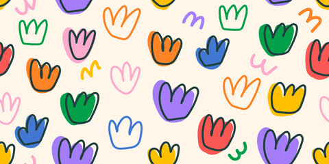 Obraz premium Bright childish naive pattern with doodle flowers seamless pattern. Print for notebooks, clothes, packaging. Multicolor line drawing