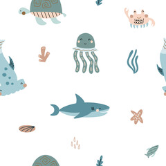 Seamless pattern with hand drawn sea life elements. Vector doodle cartoon set of marine life objects for your design.