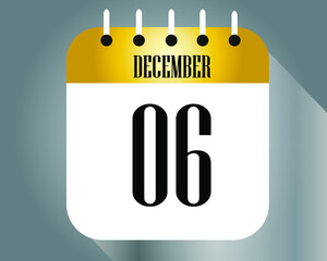 December day 6. Calendar icon on a white paper with golden color border on a gray background vector.