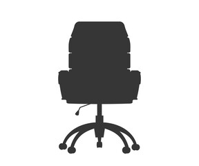Front view black office chair. Comfortable leather swivel chair with high back and handrails. Working interior furniture. Cartoon vector flat illustration isolated