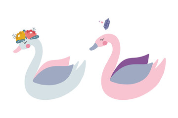 Cute swans in cartoon style on a white background. Vector illustration with a beautiful birds.