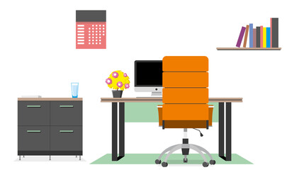 A workplace in a modern office. Cabinet. Creative workspace, office interior. Contemporary coworking center with computer. Colorful orange vector illustration