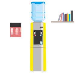 Water cooler for home and office. Office plastic bottle for cold and hot liquids. Gray and yellow water cooler with blue full bottle and cup.