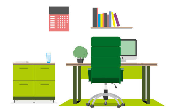 A workplace in a modern office. Cabinet. Creative workspace, office interior. Contemporary coworking center with computer. Colorful green vector illustration