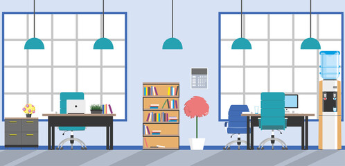 Modern open space. Empty office interior. Contemporary creative workplace. Co-working center. Blue cabinet