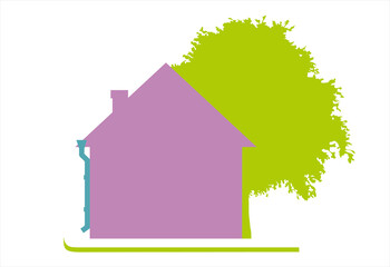 House on a green lawn next to a tree. A flat one-color house, simple in shape. Sunny day. Isolated