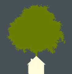 House next to a tree. A flat one-color vector house, simple in shape. Silent night