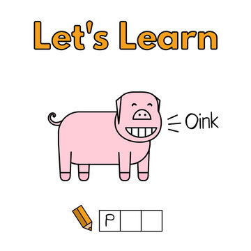 Cartoon pig learning game for small children - write the word. Vector illustration for kids
