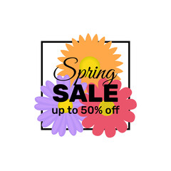 Spring sale banner. Beautiful flowers with frame and text for promo. Flat vector illustration. Floral design