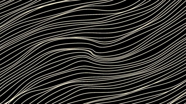 Lines move slowly in waves on black background. Motion. Thin lines move in waves. Background of stream of curved wavy threads