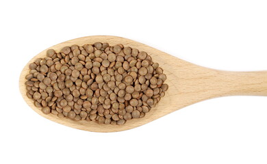 Brown uncooked lentils in wooden  isolated on white, top view 