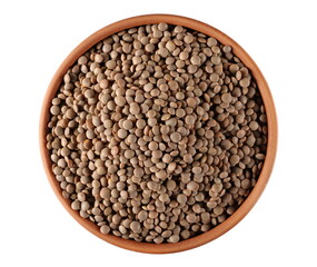  Brown uncooked lentils in clay pot isolated on white 