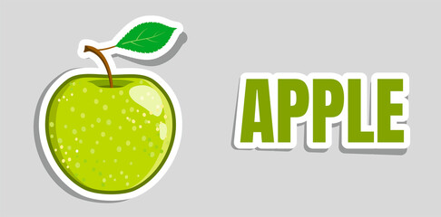 Green vector apple sticker. Juicy fruit isolated on grey background with shadow. Granny Smith.