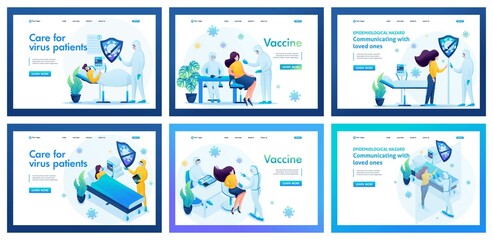 Set of landing pages about medicine during an epidemic. Isometric 3D and 2D illustrations. Doctors take care of seriously ill patients