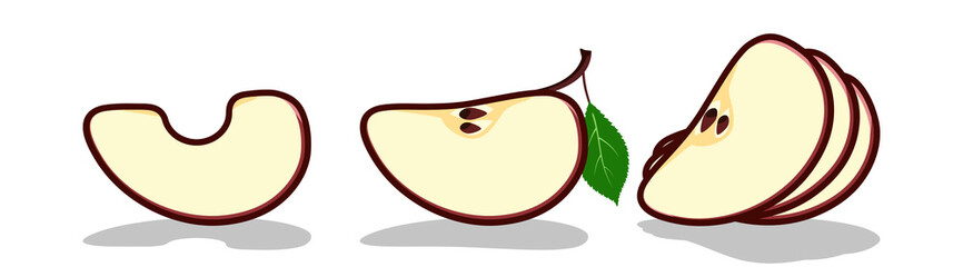 Apple red slices. Sliced vector juicy apple. The fruit lies on a white surface and casts a shadow.