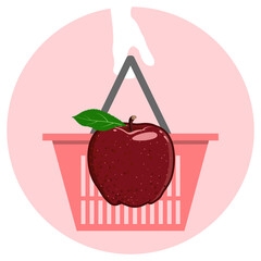 Red vector apple with a leaf in a grocery basket. Juicy fruit isolated on pink.